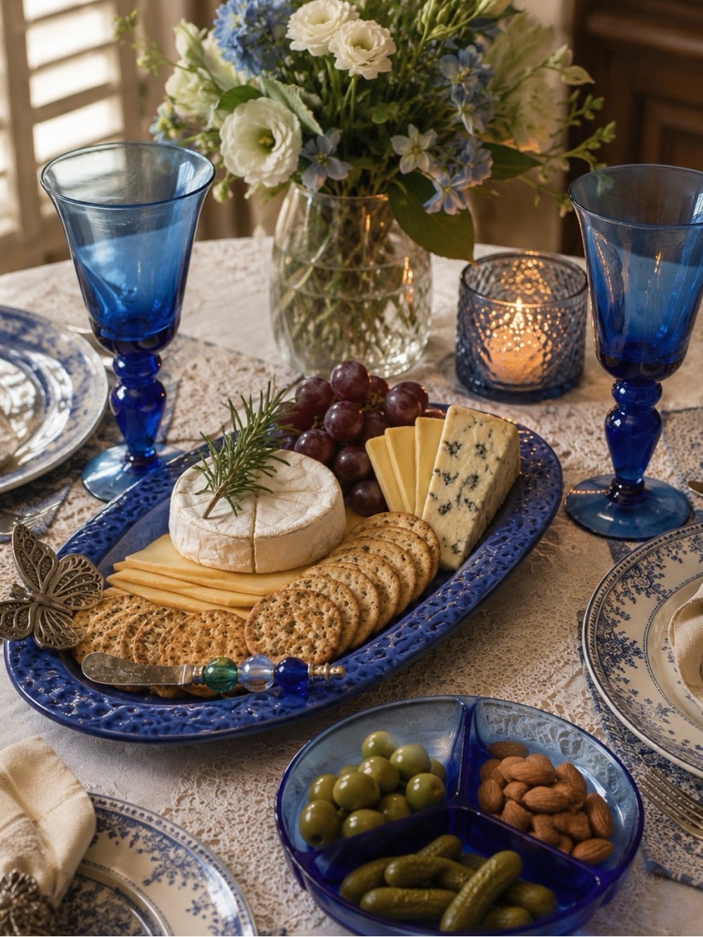CYPRESS Server Cobalt Blue Glass Oval Platter  with Gemstone Spreader